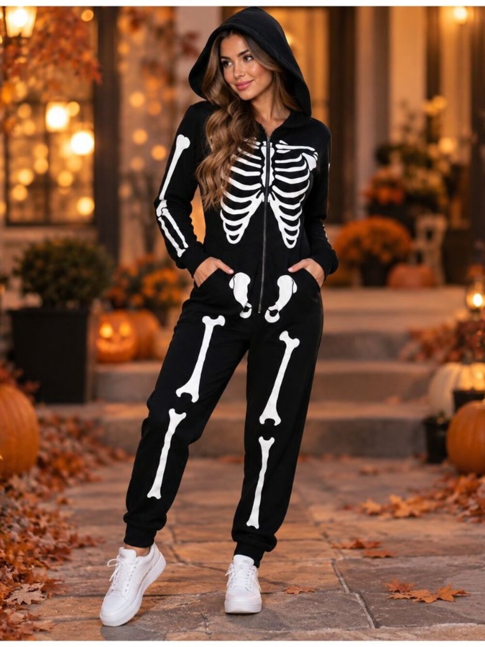 WILDFOX Skeleton Bones Full Body Onesie Jumpsuit Hooded Halloween Pajamas RARE